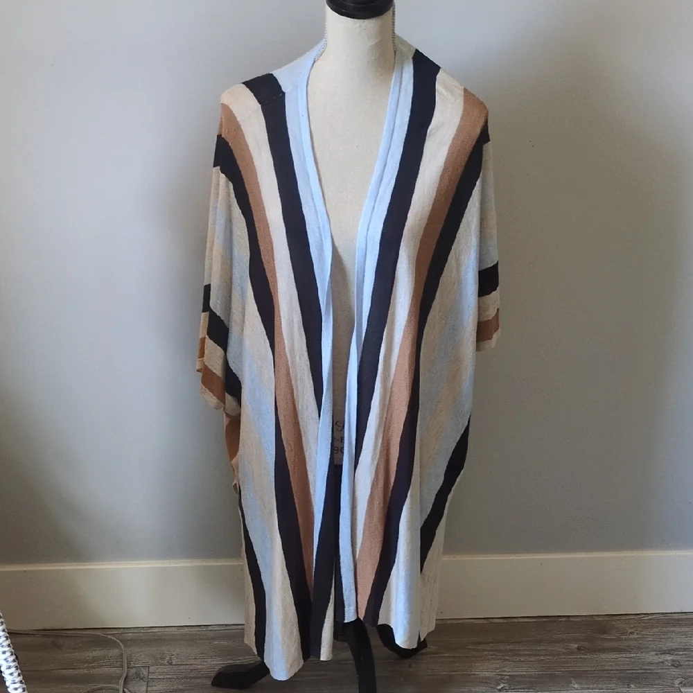 H&M Open Front Stripe Cardigan Sweater Shawl Blue Black Brown Size XS S - Picture 1 of 4